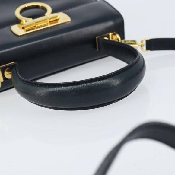Salvatore Ferragamo Gancini Hand Bag Leather 2way Navy Gold Auth gh1925