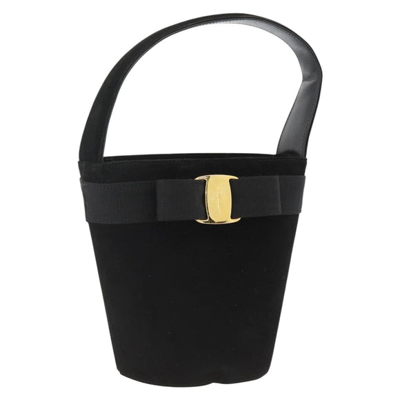 Salvatore Ferragamo Vala Hand Bag Suede Black Gold Auth gh1926