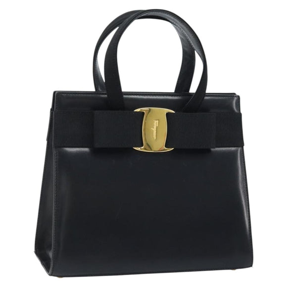 Salvatore Ferragamo Vala Hand Bag Leather Black Gold Auth gh1933