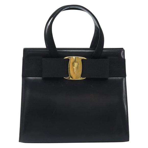 Salvatore Ferragamo Vala Hand Bag Leather Black Gold Auth gh1933
