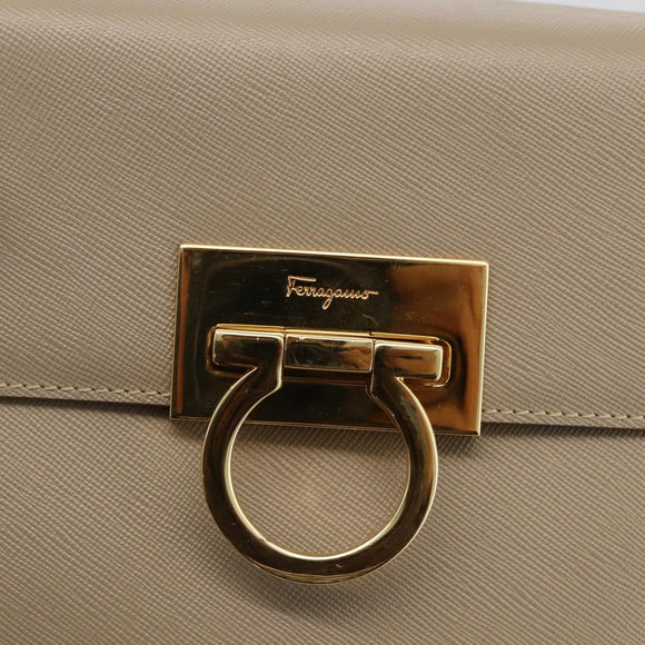 Salvatore Ferragamo Gancini Hand Bag Leather Beige Gold Auth gh1934