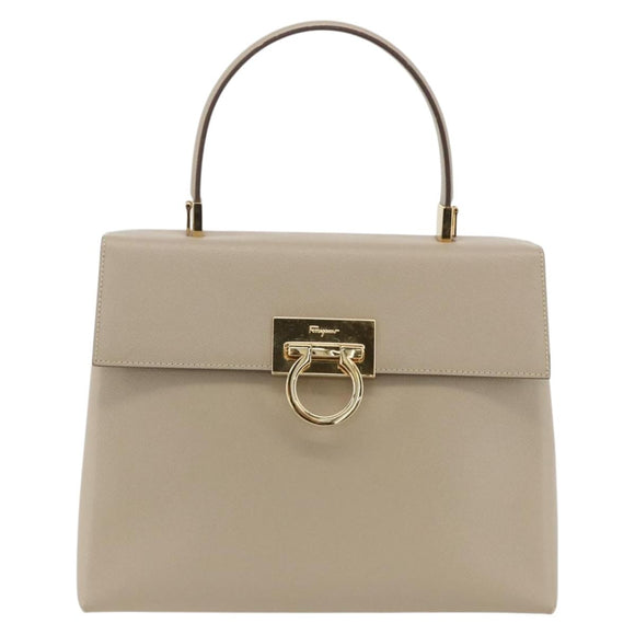 Salvatore Ferragamo Gancini Hand Bag Leather Beige Gold Auth gh1934