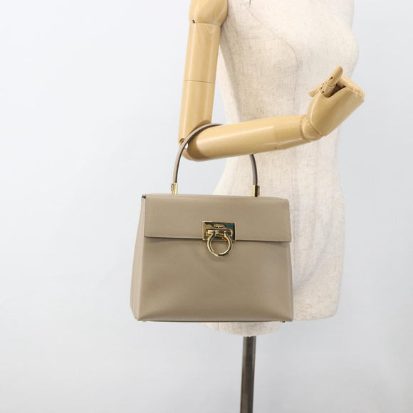 Salvatore Ferragamo Gancini Hand Bag Leather Beige Gold Auth gh1934