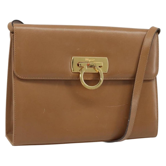 Salvatore Ferragamo Gancini Shoulder Bag Leather Brown Gold Auth gh1940