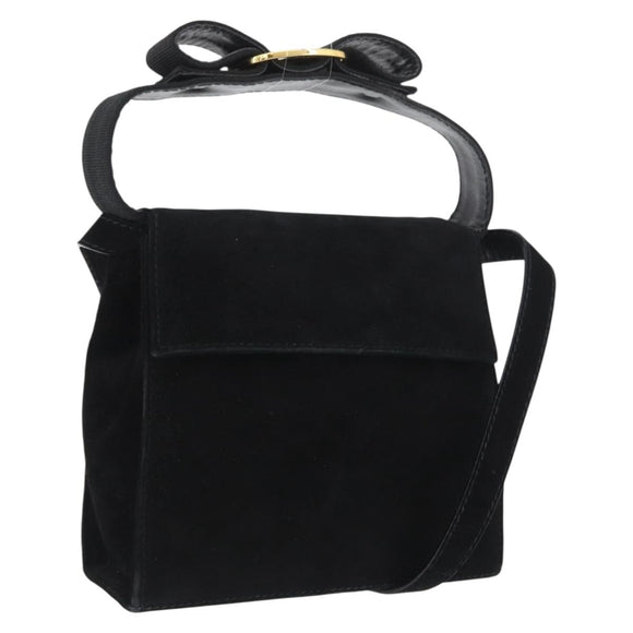 Salvatore Ferragamo Vala Hand Bag Suede 2way Black Gold Auth gh1949