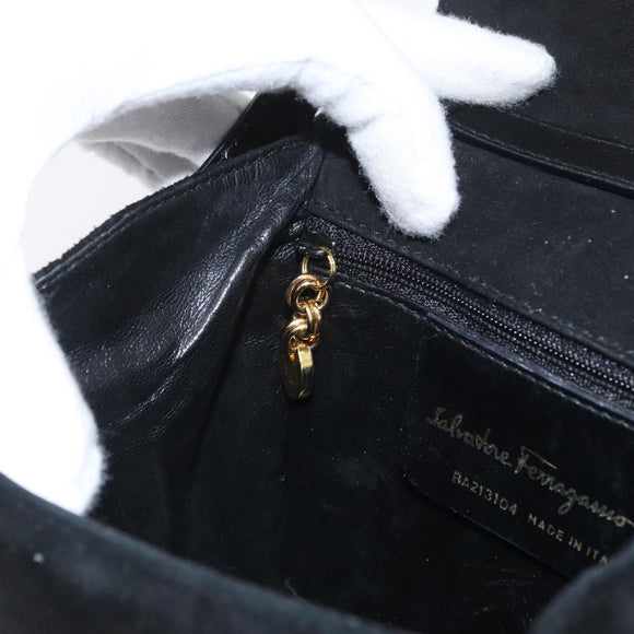 Salvatore Ferragamo Vala Hand Bag Suede 2way Black Gold Auth gh1949