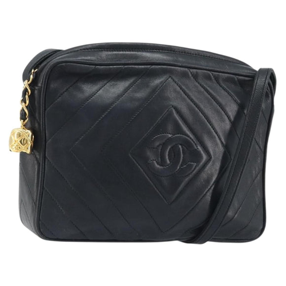 CHANEL Matelasse Shoulder Bag Lamb Skin Black Gold CC Auth gh1958