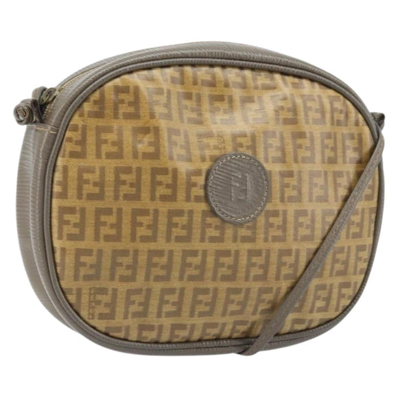 FENDI Zucchino Canvas Schultertasche PVC Beige Silber Auth gh1969