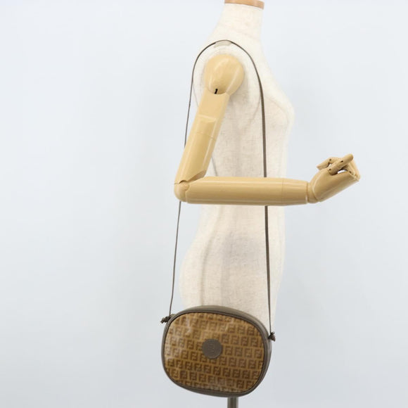 FENDI Zucchino Canvas Schultertasche PVC Beige Silber Auth gh1969