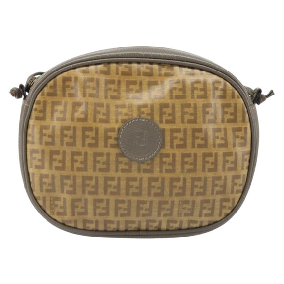 FENDI Zucchino Canvas Schultertasche PVC Beige Silber Auth gh1969