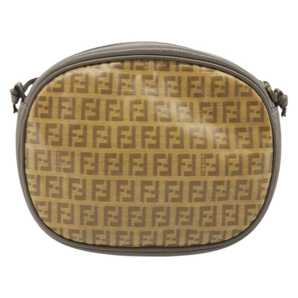 FENDI Zucchino Canvas Schultertasche PVC Beige Silber Auth gh1969