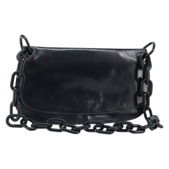 PRADA Chain Shoulder Bag Leather Black Silver Auth gh1971