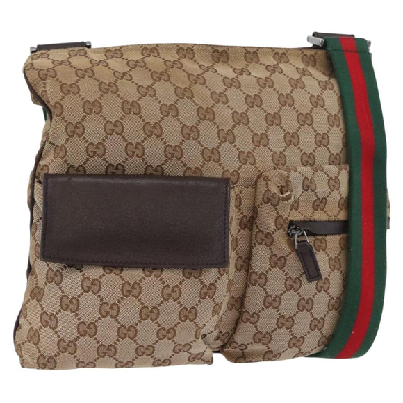 GUCCI GG Canvas Web Sherry Line Shoulder Bag Beige Silver 169937 Auth gh1991