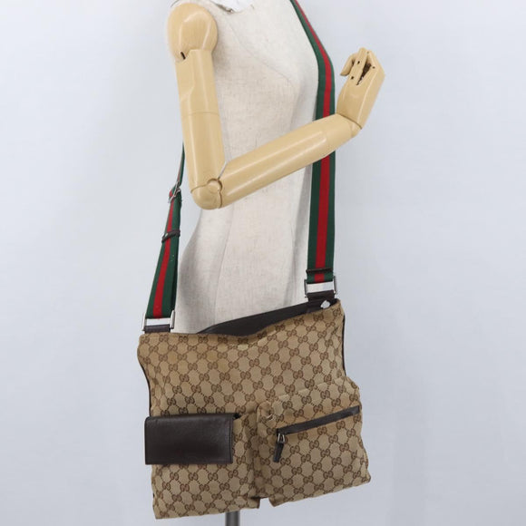 GUCCI GG Canvas Web Sherry Line Shoulder Bag Beige Silver 169937 Auth gh1991