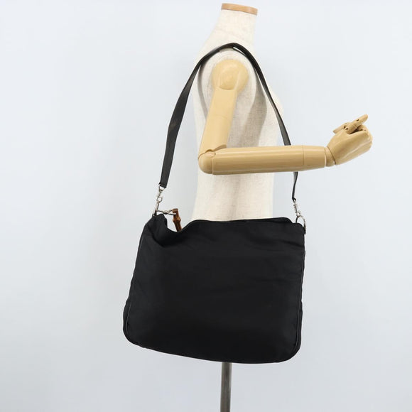 GUCCI Bamboo Shoulder Bag Nylon 2way Brown Silver Auth gh1994