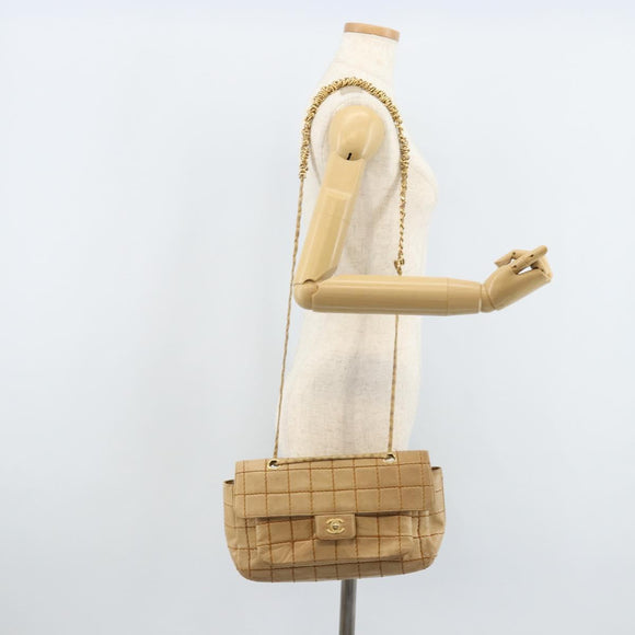 CHANEL Wild Stitch Choco Bar Chain Bag Lamb Skin Beige Gold CC Auth gh2006