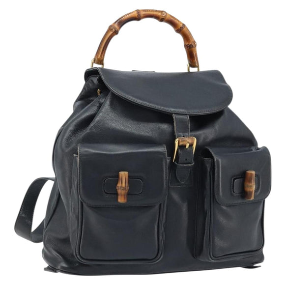 GUCCI Bamboo Backpack Leather Black Gold 003 2058 0016 Auth gh2009