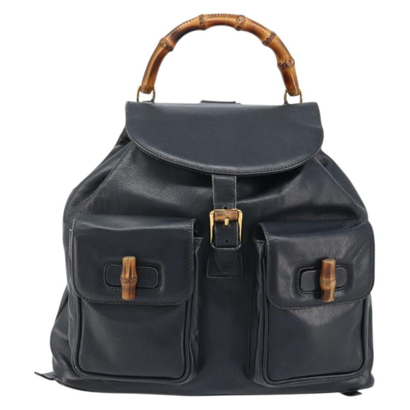GUCCI Bamboo Backpack Leather Black Gold 003 2058 0016 Auth gh2009