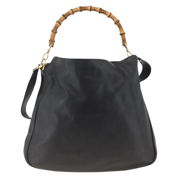 GUCCI Bamboo Shoulder Bag Leather 2way Black Gold 001 1577 Auth gh2025