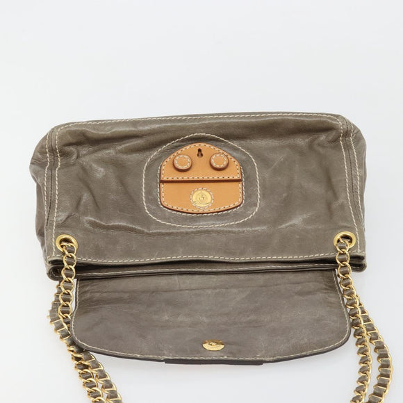 PRADA Chain Shoulder Bag Leather Gray Gold Auth gh2040SAV