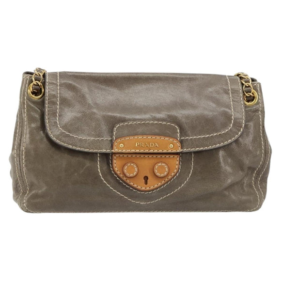 PRADA Chain Shoulder Bag Leather Gray Gold Auth gh2040SAV