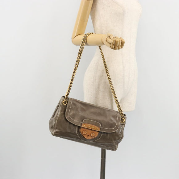 PRADA Chain Shoulder Bag Leather Gray Gold Auth gh2040SAV