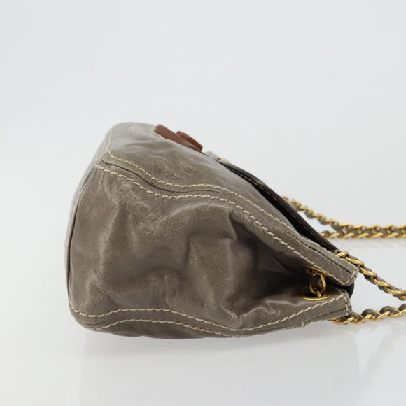 PRADA Chain Shoulder Bag Leather Gray Gold Auth gh2040SAV