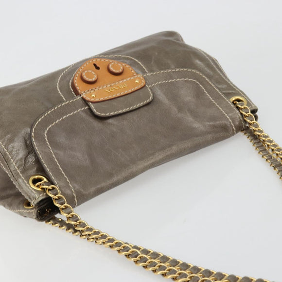 PRADA Chain Shoulder Bag Leather Gray Gold Auth gh2040SAV
