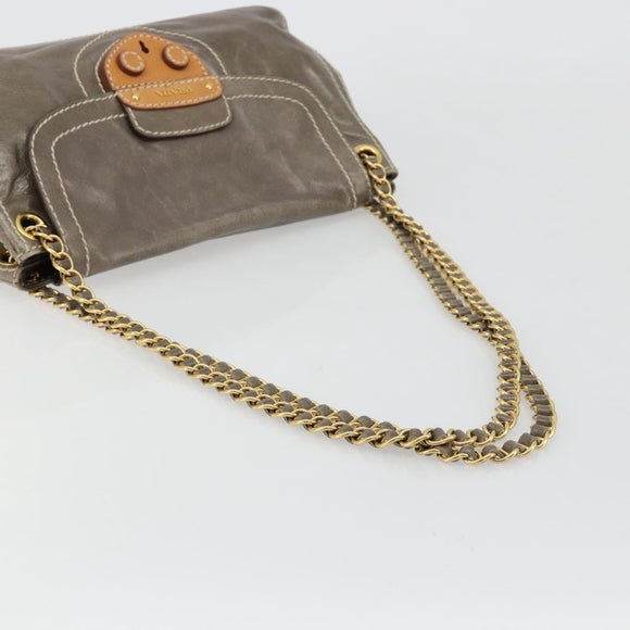 PRADA Chain Shoulder Bag Leather Gray Gold Auth gh2040SAV