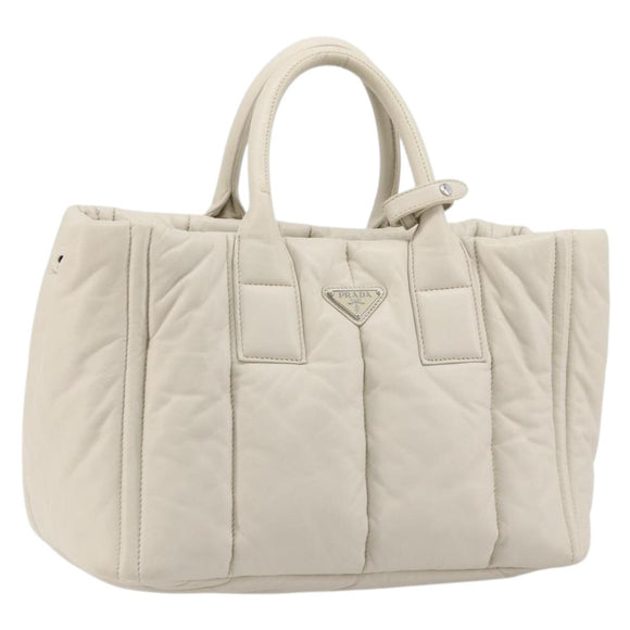 PRADA Canapa MM Hand Bag Leather White Silver Auth gh2041
