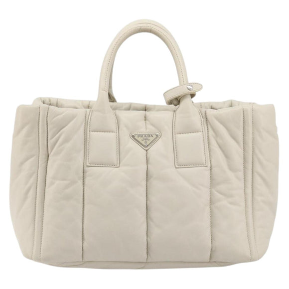 PRADA Canapa MM Hand Bag Leather White Silver Auth gh2041
