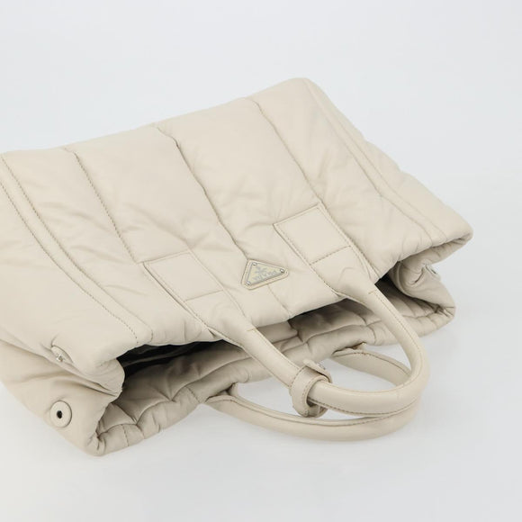 PRADA Canapa MM Hand Bag Leather White Silver Auth gh2041