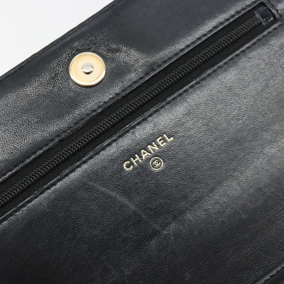 CHANEL Matelasse Ketting Schoudertas Lamsleer Zwart Goud CC Auth gh2043