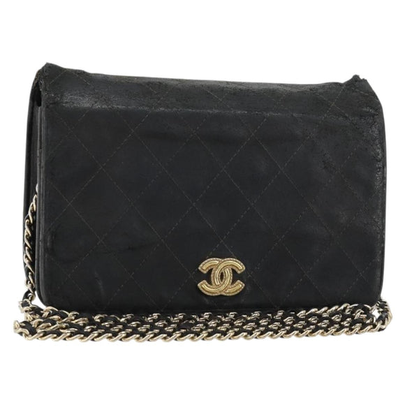 CHANEL Matelasse Ketting Schoudertas Lamsleer Zwart Goud CC Auth gh2043