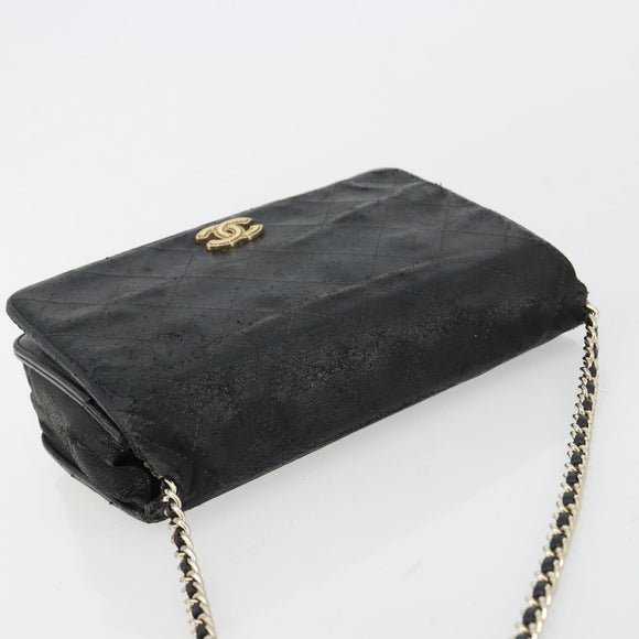 CHANEL Matelasse Ketting Schoudertas Lamsleer Zwart Goud CC Auth gh2043