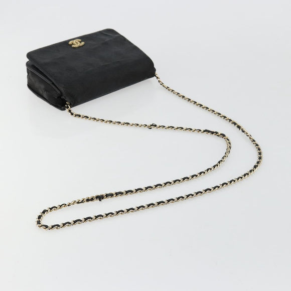 CHANEL Matelasse Ketting Schoudertas Lamsleer Zwart Goud CC Auth gh2043