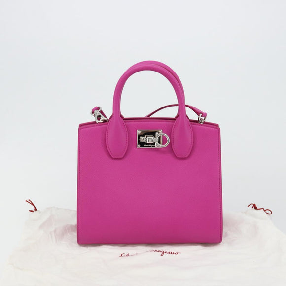Salvatore Ferragamo Studio Box Hand Bag Leather 2way Pink Silver Auth gh2052SAV