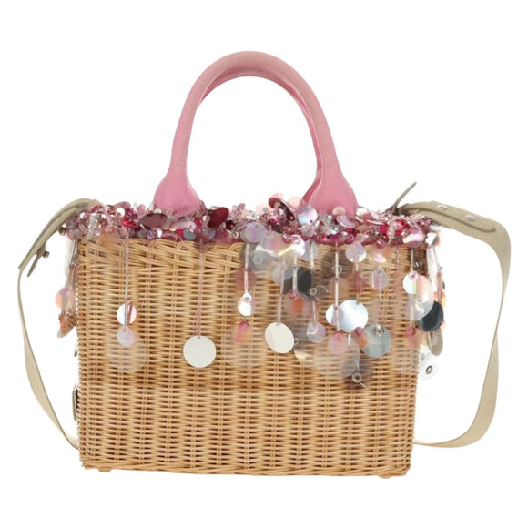PRADA Hand Bag Rattan 2way Pink Silver Auth gh2054A