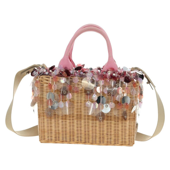 PRADA Hand Bag Rattan 2way Pink Silver Auth gh2054A
