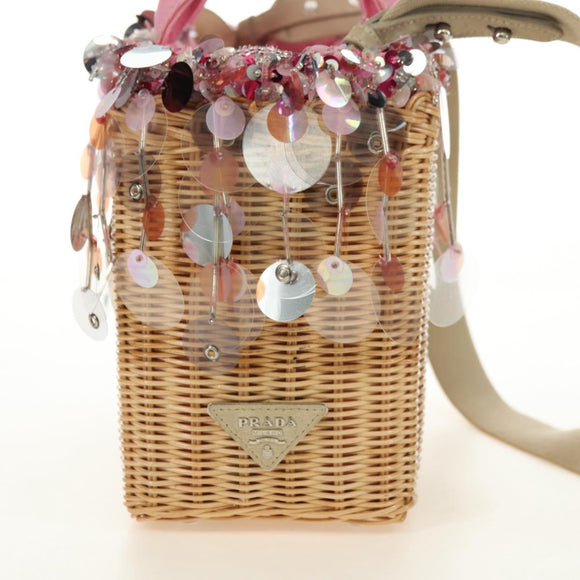 PRADA Hand Bag Rattan 2way Pink Silver Auth gh2054A