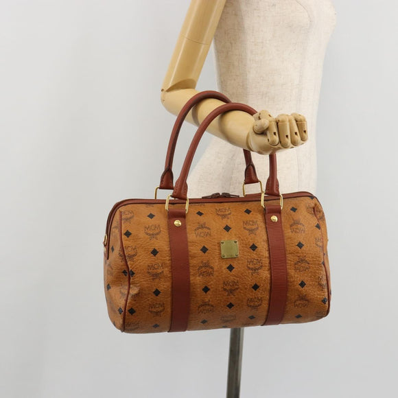 MCM Vicetos Logogram Boston Bag PVC Leather Brown Gold Auth gh2068
