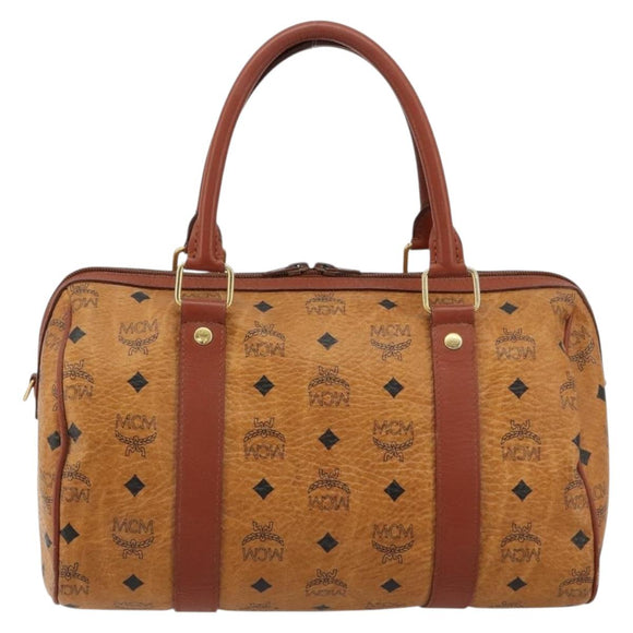 MCM Vicetos Logogram Boston Bag PVC Leather Brown Gold Auth gh2068