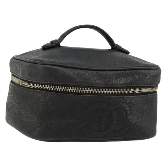 CHANEL Vanity Hand Bag Caviar Skin Black Gold CC Auth gh2069