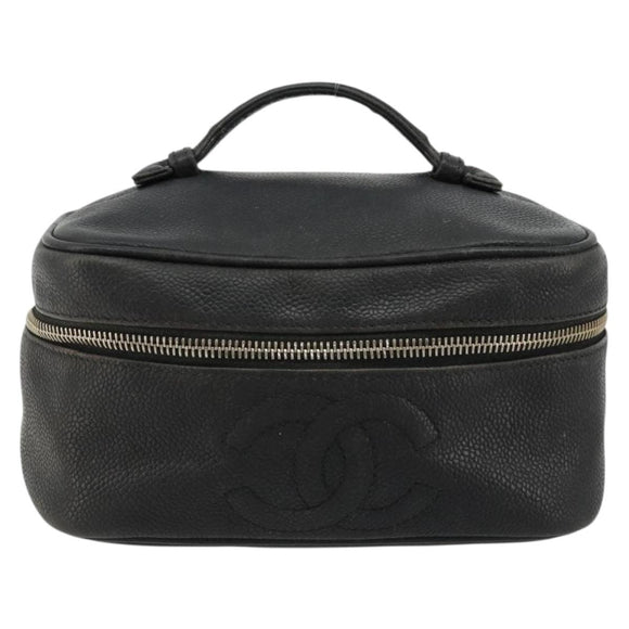 CHANEL Vanity Hand Bag Caviar Skin Black Gold CC Auth gh2069