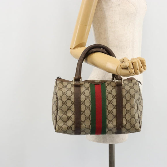 GUCCI GG Supreme Web Sherry Line Boston Bag PVC Beige Gold 010 378 Auth gh2078
