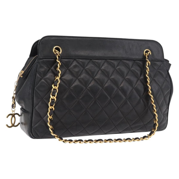 CHANEL Matelasse Chain Shoulder Bag Lamb Skin Black Gold CC Auth gh2091