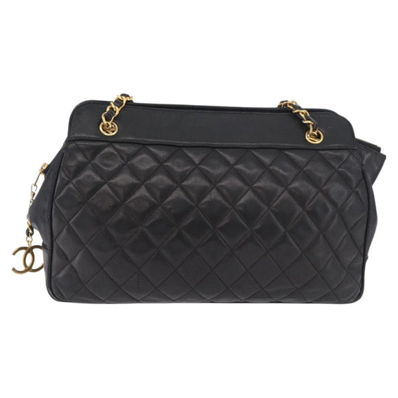 CHANEL Matelasse Chain Shoulder Bag Lamb Skin Black Gold CC Auth gh2091