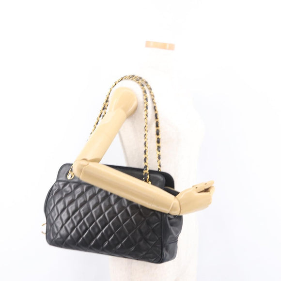 CHANEL Matelasse Chain Shoulder Bag Lamb Skin Black Gold CC Auth gh2091
