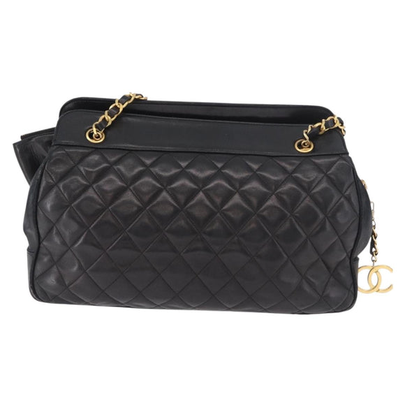 CHANEL Matelasse Chain Shoulder Bag Lamb Skin Black Gold CC Auth gh2091