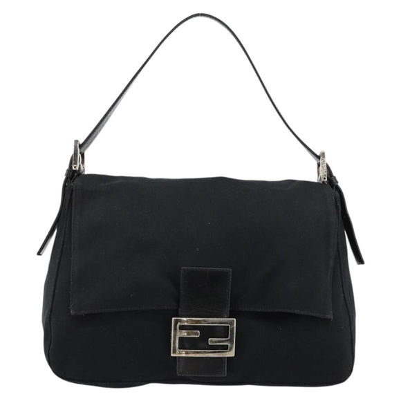 FENDI Mamma Baguette Shoulder Bag Cotton Jersey Black Silver Auth gh2097